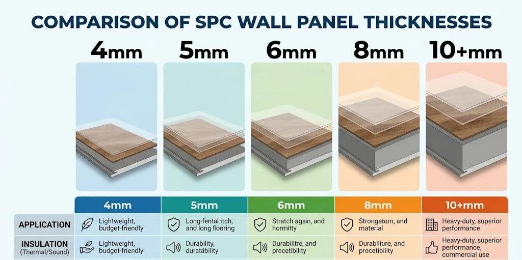 Comparison of SPC wall panel thicknesses 4mm, 5mm, 6mm, 8mm, and 10+mm