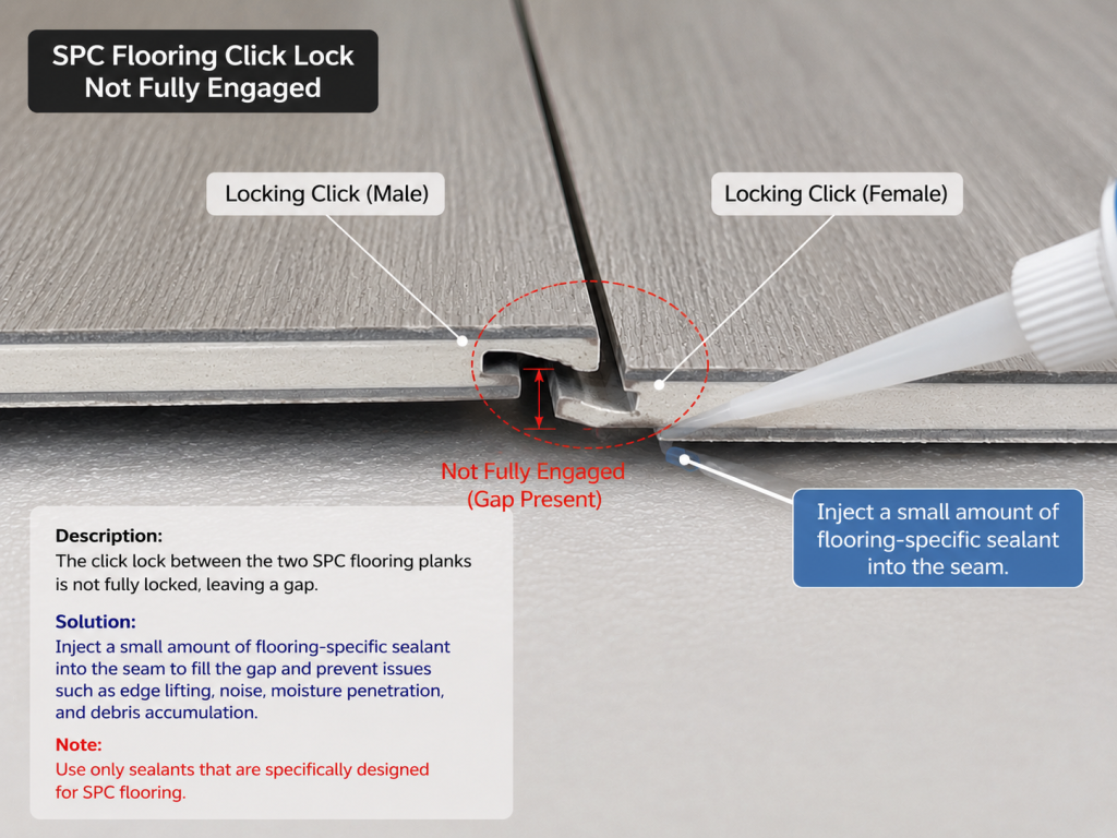 With the SPC floor clips not fully locked, inject a small amount of floor-specific sealant into the joints.