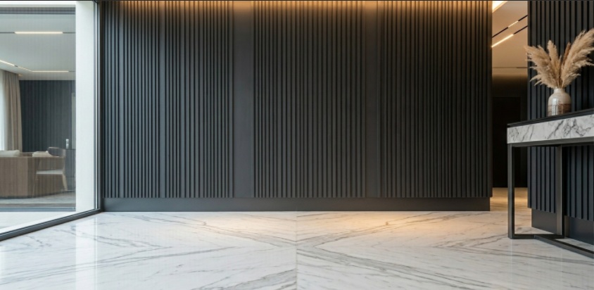charcoal black color wpc panel with white marble
