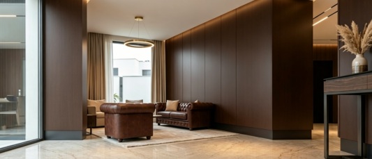 deep walnut color wpc panel with beige marble