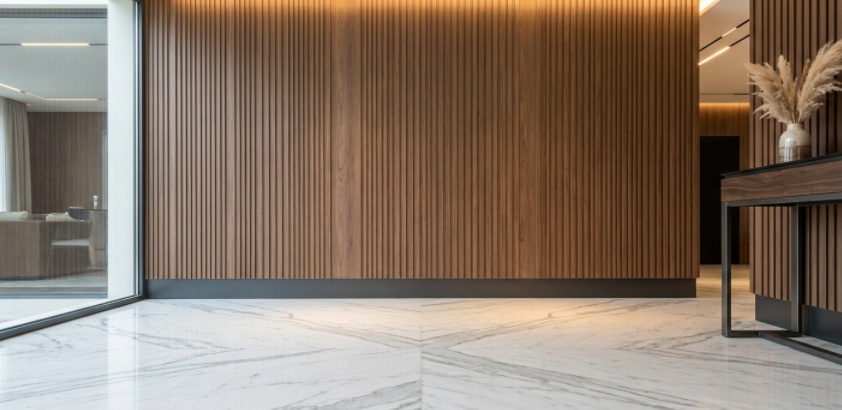 natural teak color wpc panel with white marble