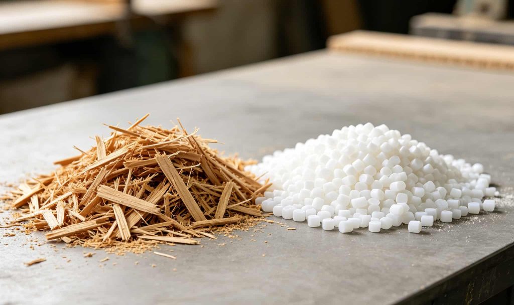 raw materials for WPC wall panel manufacturing - wood fiber and PVC