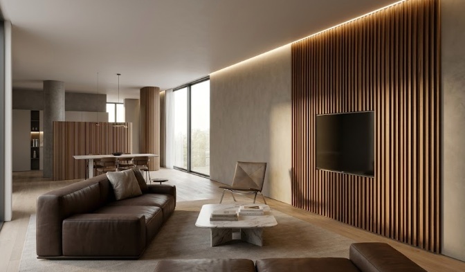 Fluted wall panels in living room