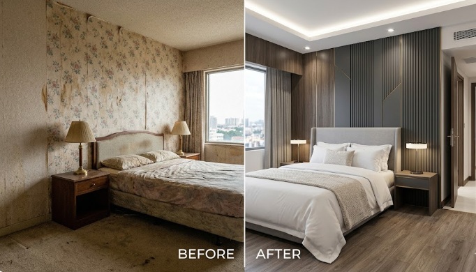 Hotel Room Renovation Before and After Comparison