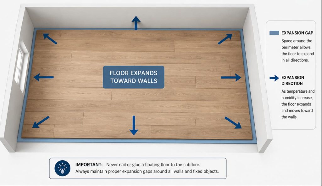 floating floor expansion direction diagram showing movement toward walls