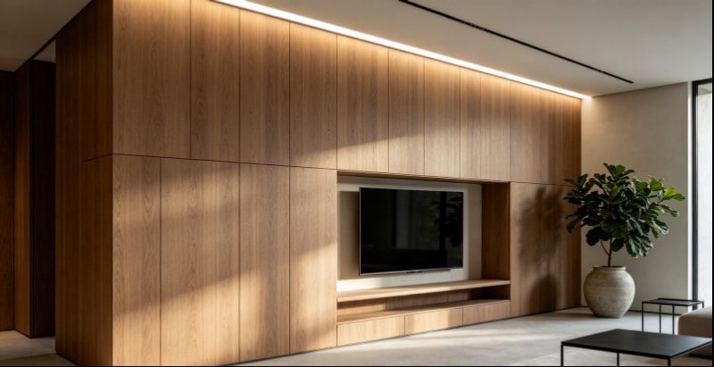 Modern living room featuring installed interior WPC wall panels