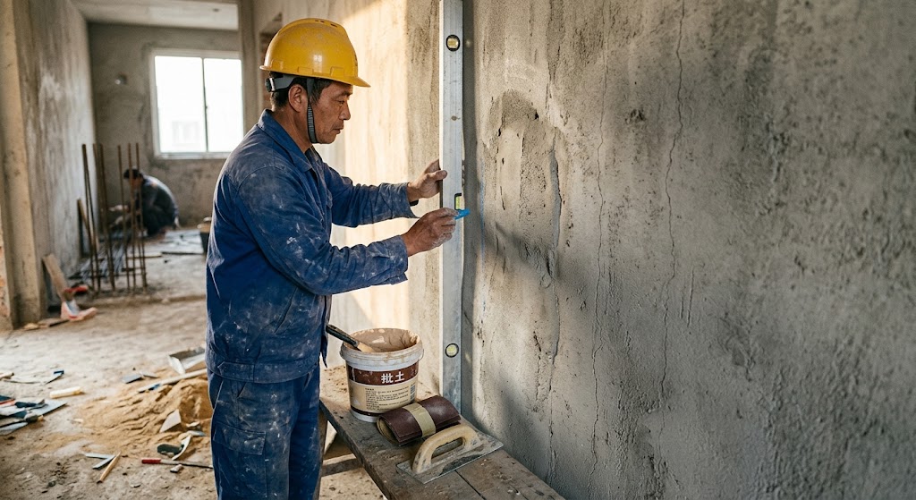 Checking wall flatness before installing SPC wall panels