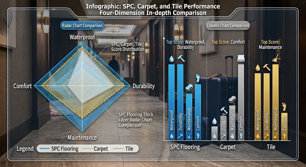 Comparison chart of SPC vs carpet vs ceramic tile for commercial flooring