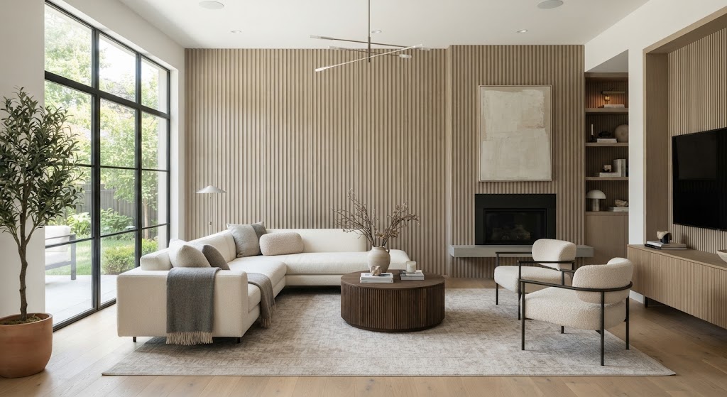 Fluted wall panels adding texture to a modern living room