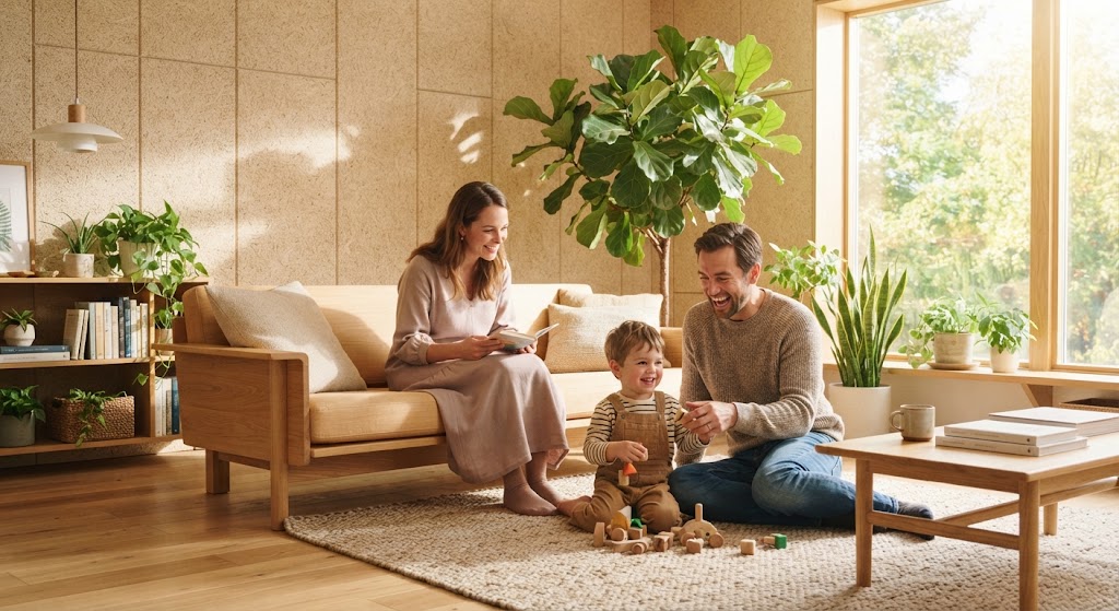 Healthy home interior with low-VOC eco-friendly wall panels