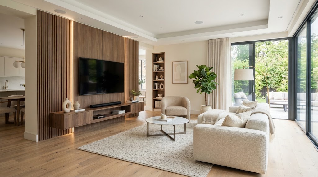 Modern living room with decorative wall panels