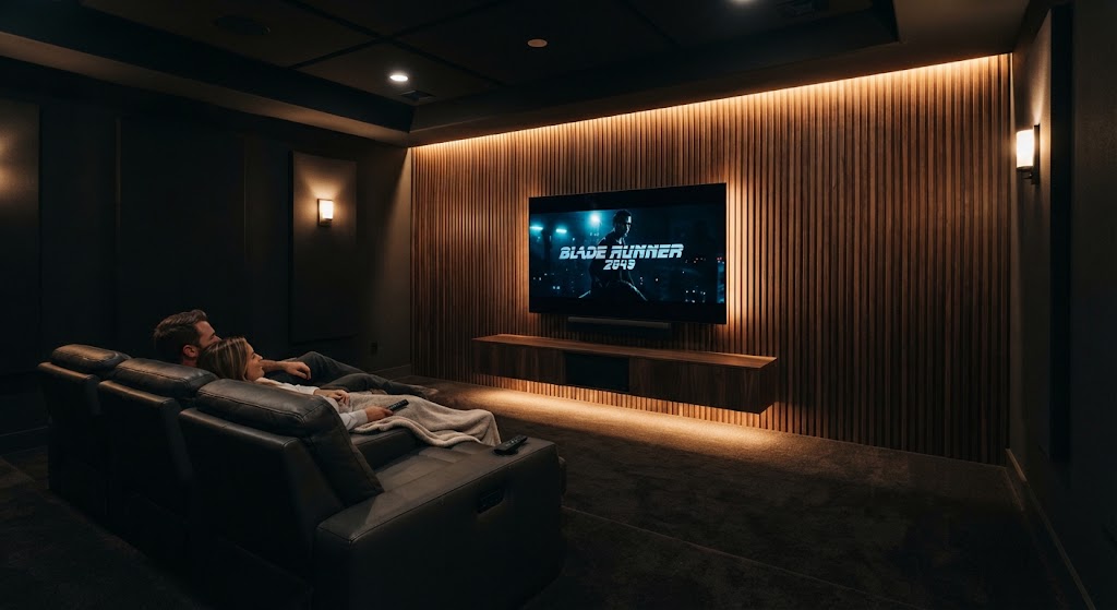 WPC fluted wall panels installed as a modern home theater feature wall