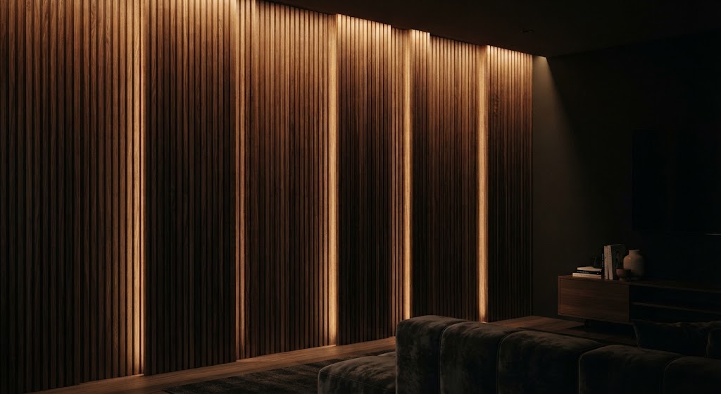 WPC fluted wall panels with recessed LED strip lighting