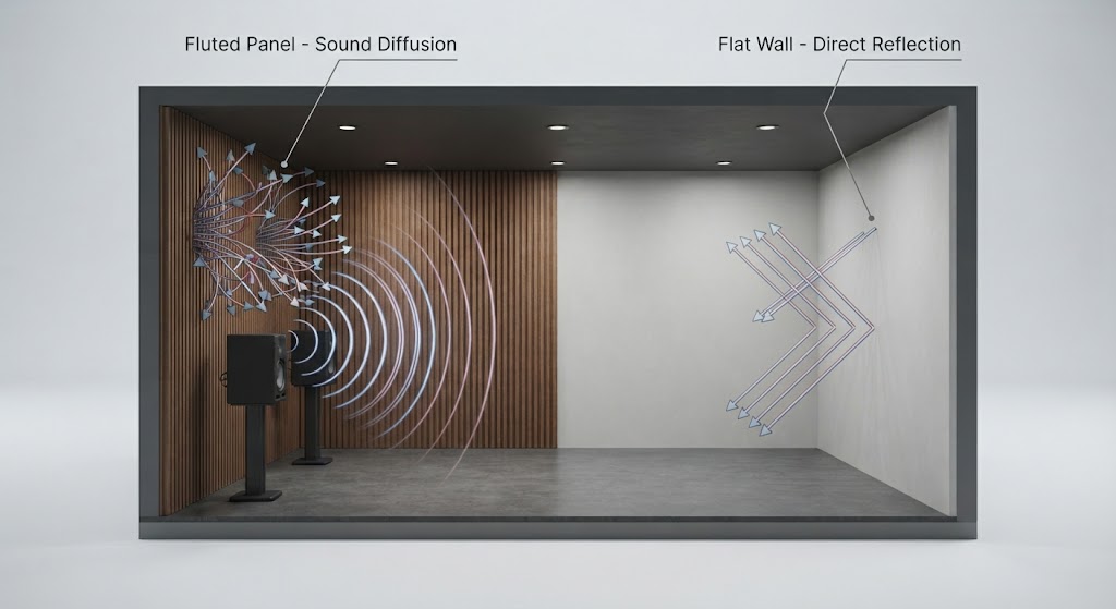how WPC fluted wall panels diffuse sound waves in a home theater
