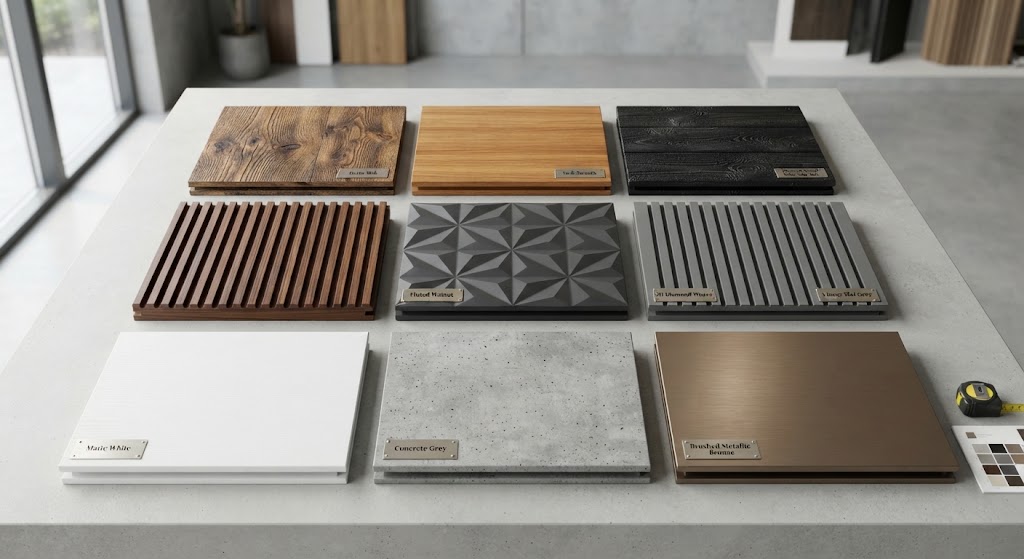 WPC wall panel samples with different textures and finishes