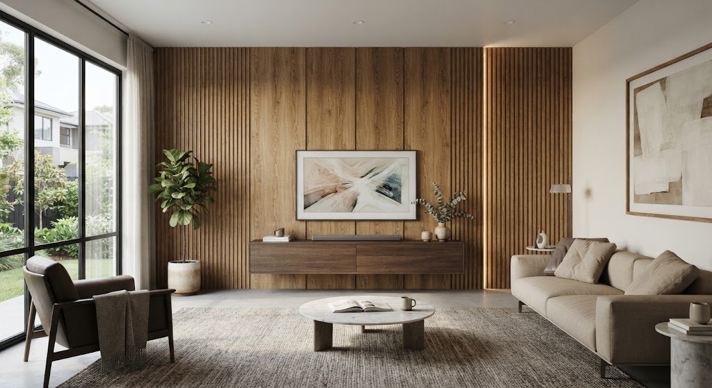Wood grain WPC wall panel installed in a modern interior