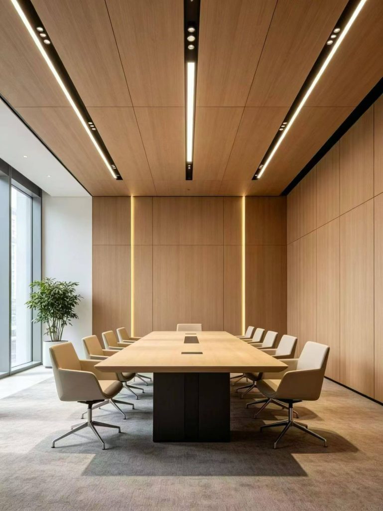 Wood-grain wall paneling in an office meeting room